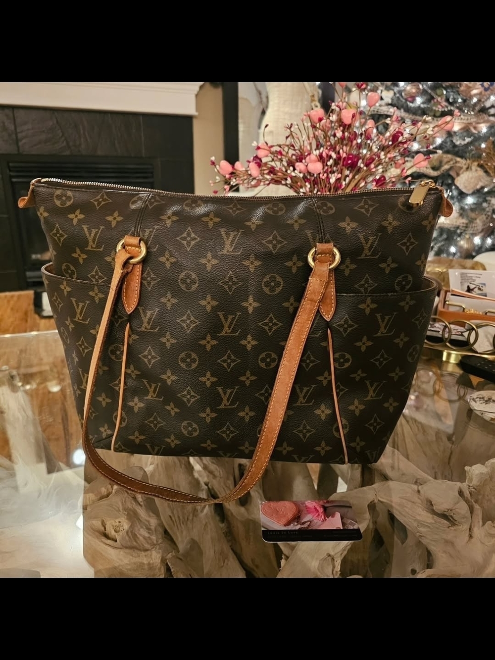 Louis Vuitton Monogram Canvas Brown Tote Bag with Tan Leather Straps Size MM